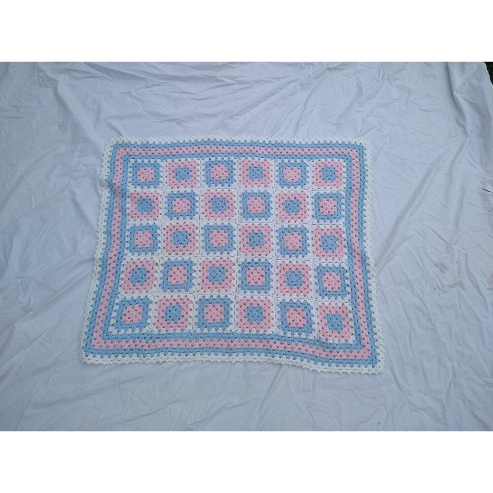 Granny Square Baby Blanket Afghan Pink Blue White Handmade Crochet